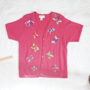 Graver Studio Pink Butterfly Embroidered Button Up Cardigan Sweater M Grannycore